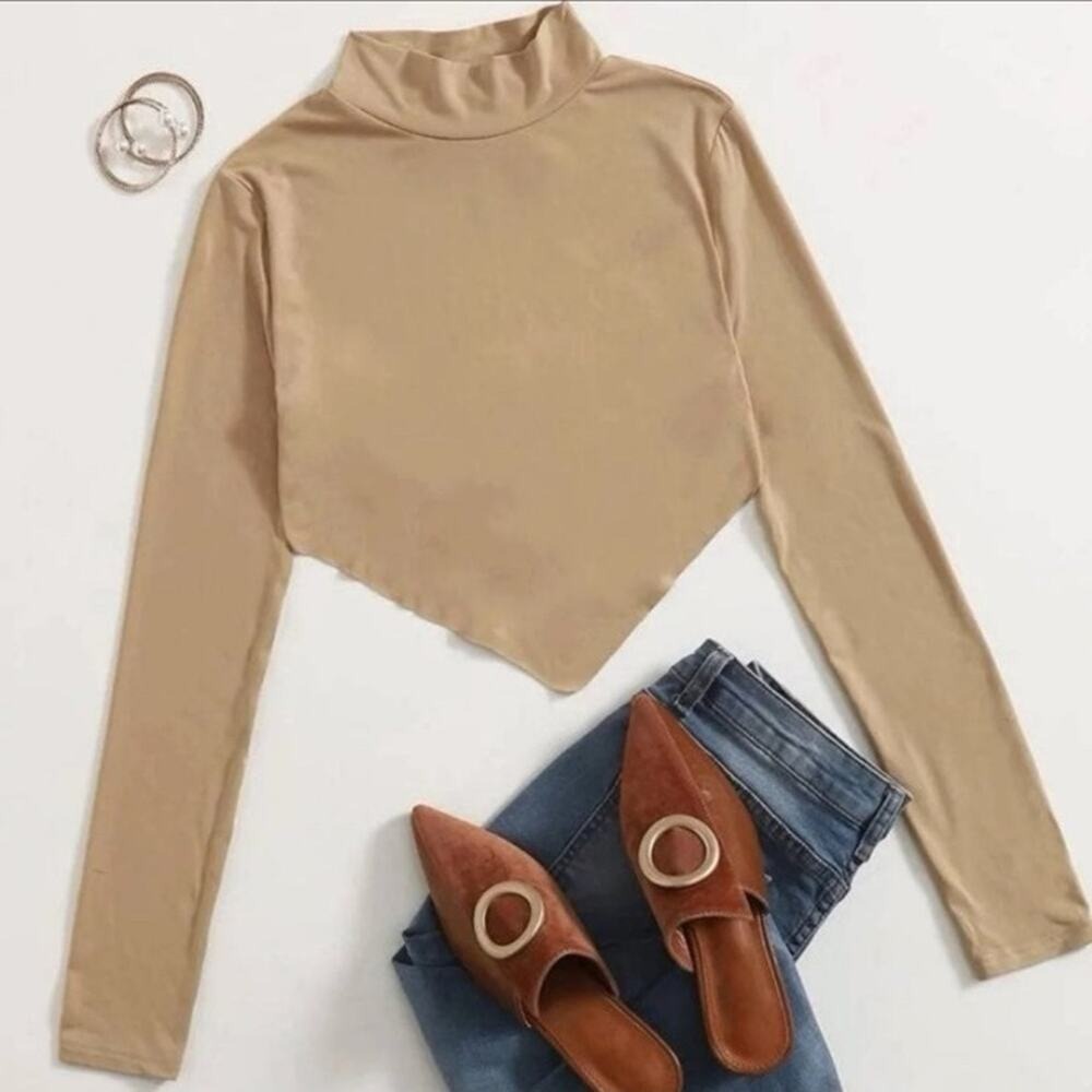 Tan Mock Neck Open Back Tie Long Sleeve Handkerchief Hem Crop Top Medium